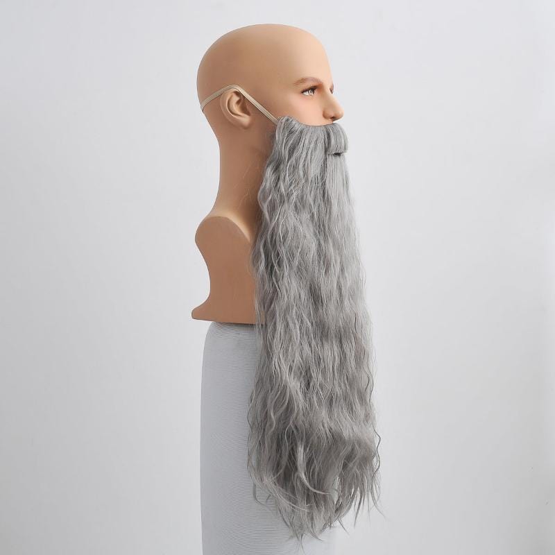 nevermindyrhead Men Gray Long Curly Wig & Beard Set Fluffy Wizard Fantasy Cosplay