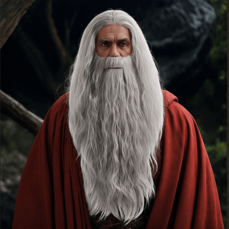 nevermindyrhead Men Gray Long Curly Wig & Beard Set Fluffy Wizard Fantasy Cosplay