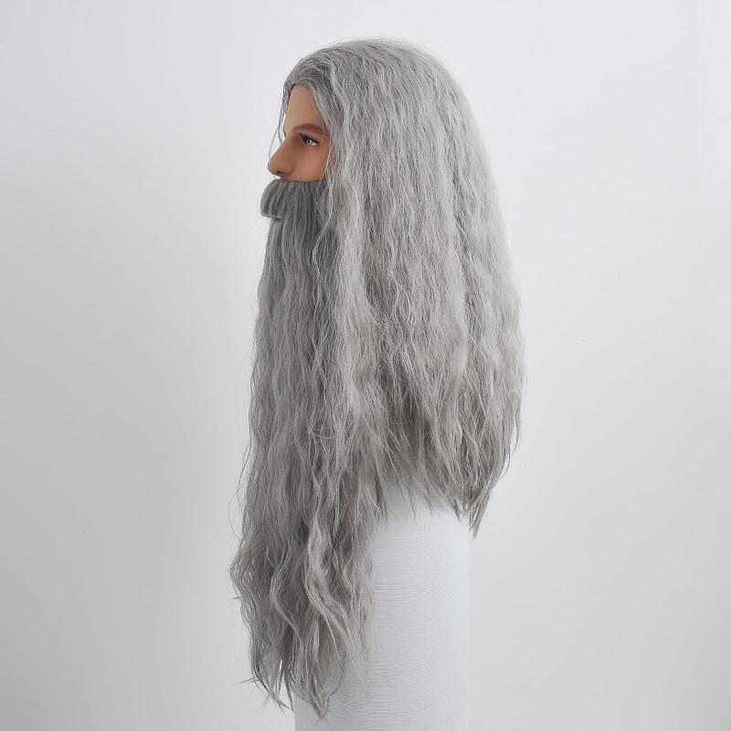 nevermindyrhead Men Gray Long Curly Wig & Beard Set Fluffy Wizard Fantasy Cosplay