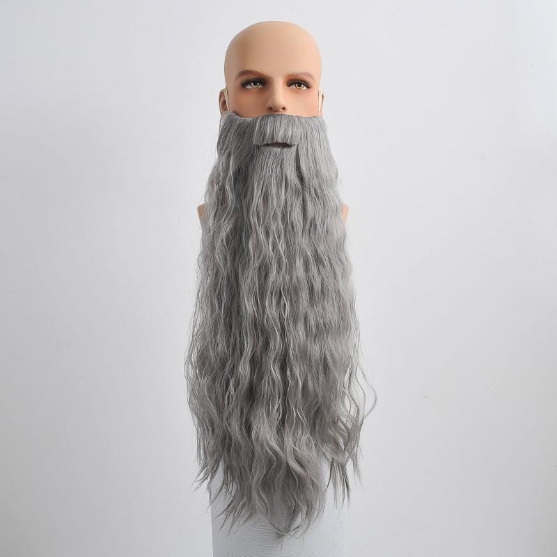 nevermindyrhead Men Gray Long Curly Wig & Beard Set Fluffy Wizard Fantasy Cosplay