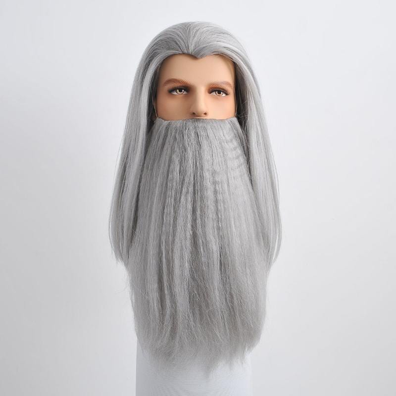 nevermindyrhead Men Gray Long Straight Wig & Beard Set Ideal For Hero Wizard Fantasy Cosplay
