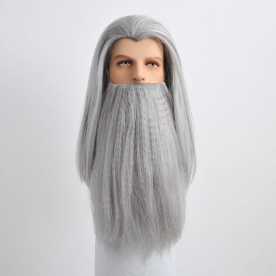 Men Gray Long Straight Wig & Beard Set Ideal For Hero Wizard Fantasy Cosplay