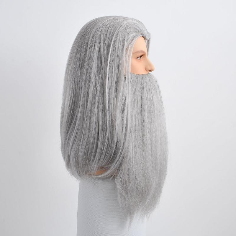 nevermindyrhead Men Gray Long Straight Wig & Beard Set Ideal For Hero Wizard Fantasy Cosplay