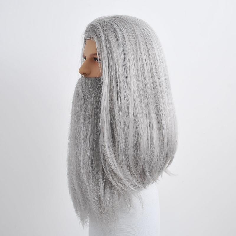 nevermindyrhead Men Gray Long Straight Wig & Beard Set Ideal For Hero Wizard Fantasy Cosplay