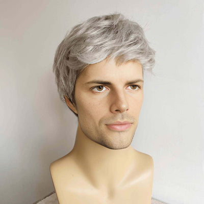 Men Gray Silver Wig With Bangs Short Straight Hair For Cosplay Costume Party