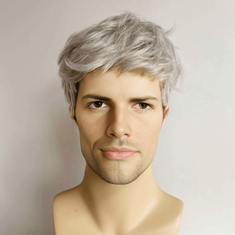 nevermindyrhead Men Gray Silver Wig With Bangs Short Straight Hair For Cosplay Costume Party