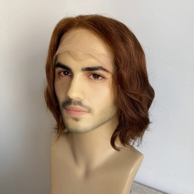 Men Human Hair Dark Brown Wig Short Curly Curtain Bangs Lace Front Middle Part