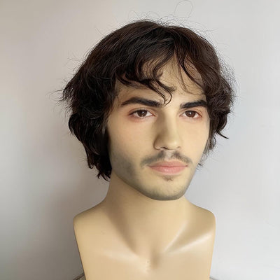 Men Human Hair Foam Wig Black 13X6 Lace Front Curly Short With Bangs Cosplay Costume