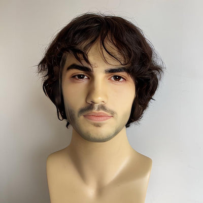 Men Human Hair Foam Wig Black 13X6 Lace Front Curly Short With Bangs Cosplay Costume