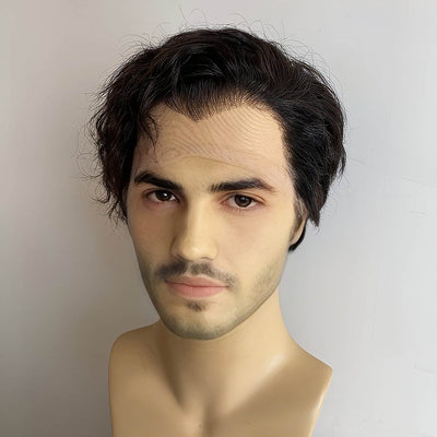 Men Human Hair Wig Black 13X6 Lace Front Short Curly Widows Peak Hairline