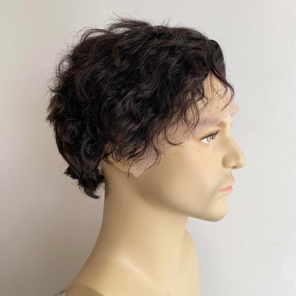 nevermindyrhead Men Human Hair Wig Black 13X6 Lace Front Short Curly Widows Peak Hairline