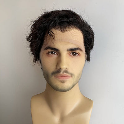 Men Human Hair Wig Black 13X6 Lace Front Short Curly Widows Peak Hairline