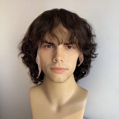 Men Human Hair Wig Black Lace Front Curly Short Hair With Bangs Messy Thick Realistic 13X6
