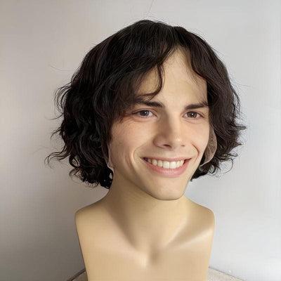 Men Human Hair Wig Black Lace Front Curly Short Hair With Bangs Messy Thick Realistic 13X6