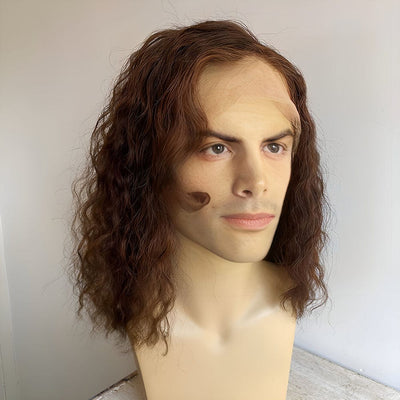 Men Human Hair Wig Brown Lace Front Long Curly Costume Cosplay Halloween 13X6 Side Part Hairline