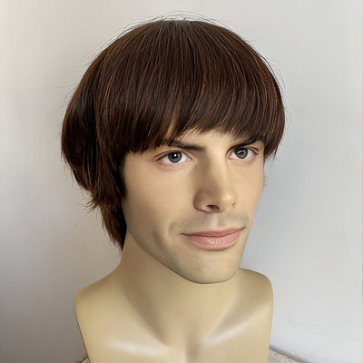 Men Human Hair Wig Dark Brown Short Straight Bangs 60s British Retro Music Cosplay