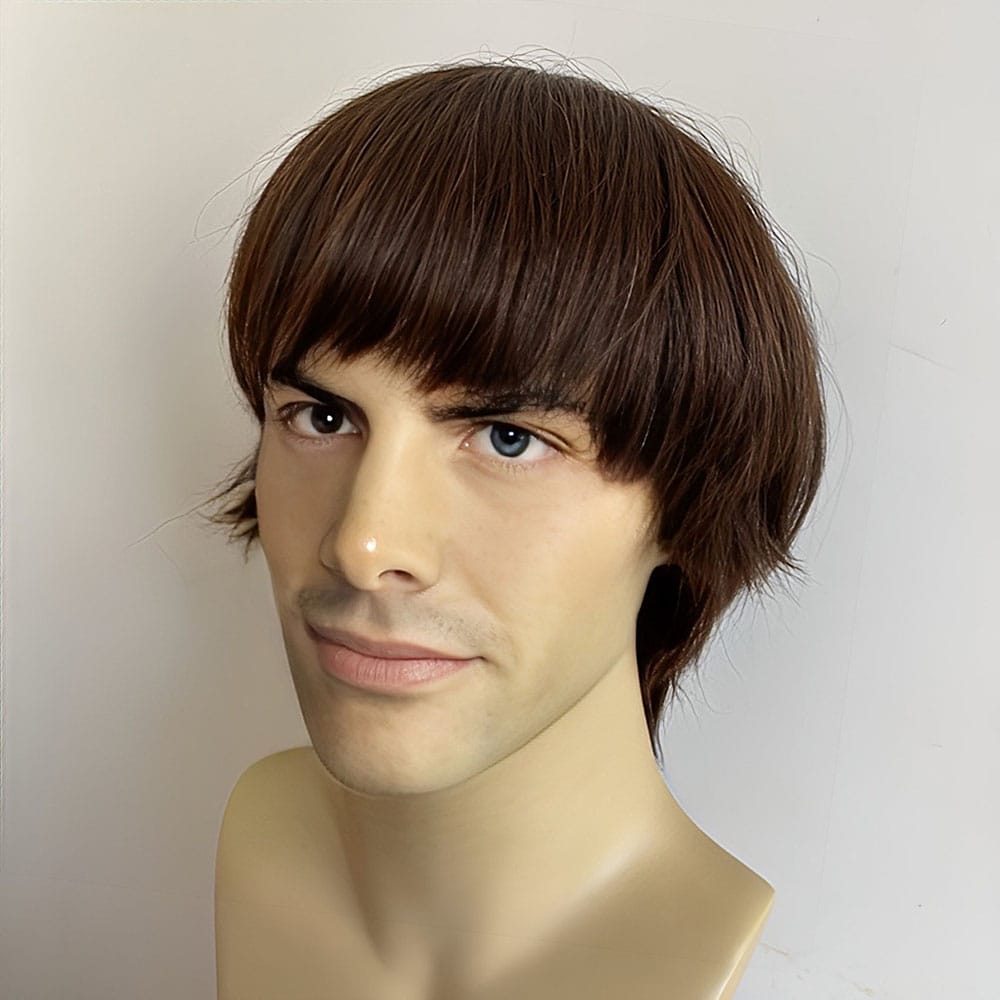 nevermindyrhead Men Human Hair Wig Dark Brown Short Straight Bangs 60s British Retro Music Cosplay