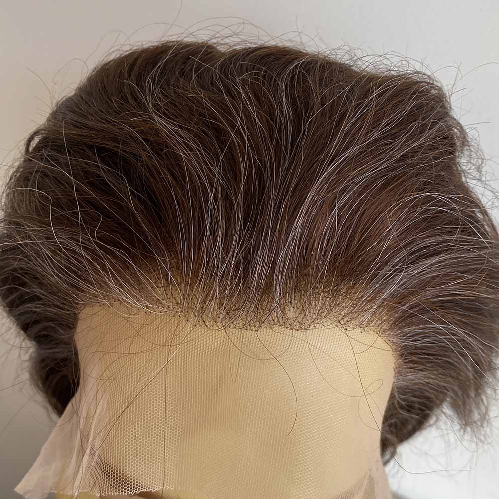 nevermindyrhead Men Human Hair Wig Dark Brown Short Straight Salt & Pepper Silver Gray Highlight
