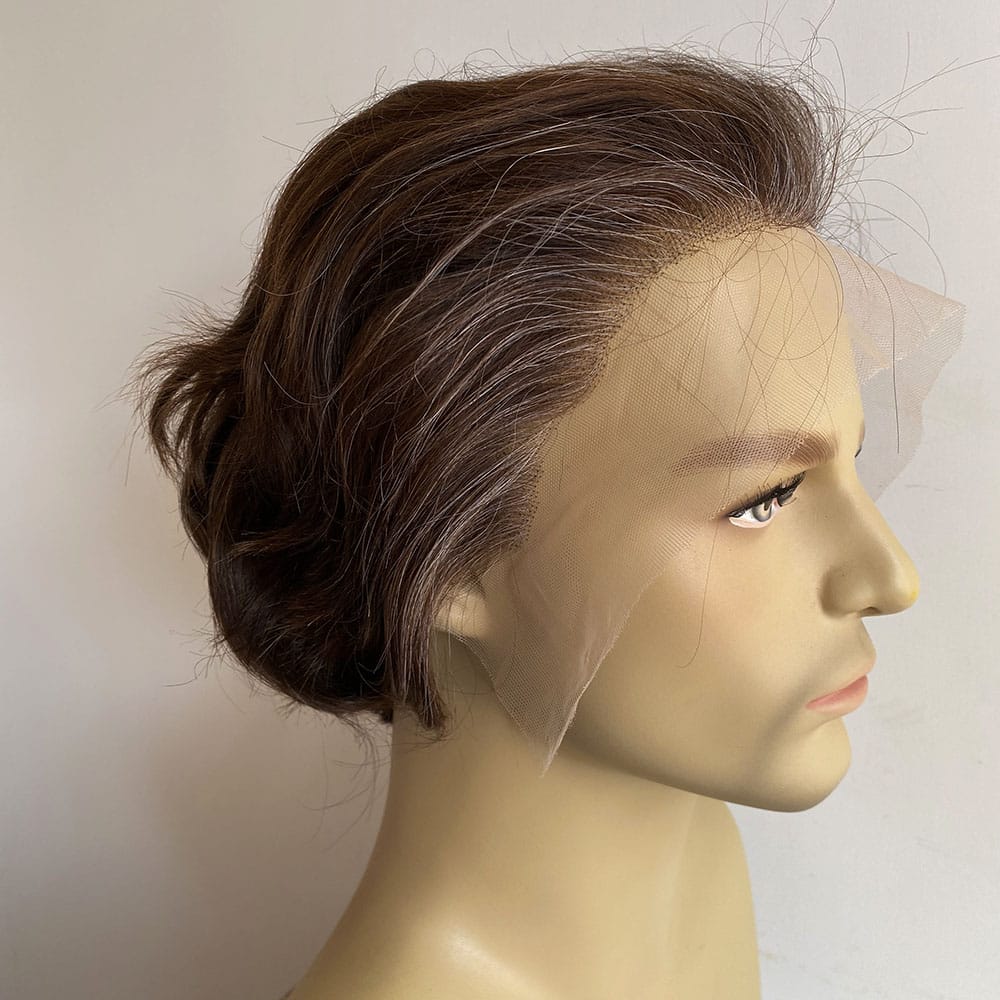 nevermindyrhead Men Human Hair Wig Dark Brown Short Straight Salt & Pepper Silver Gray Highlight