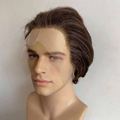 Men Human Hair Wig Dark Brown Short Straight Salt & Pepper Silver Gray Highlight