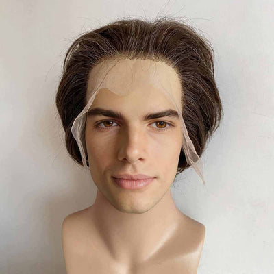 Men Human Hair Wig Dark Brown Short Straight Salt & Pepper Silver Gray Highlight