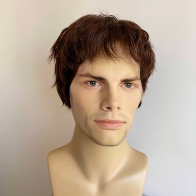 Men Human Hair Wig Short Brown Lace Front Wig Short Bangs Fringe Cutting