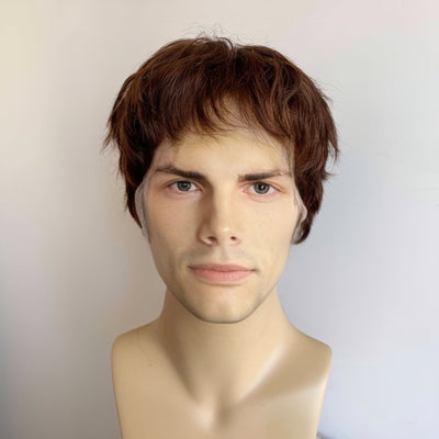 Men Human Hair Wig Short Brown Lace Front Wig Short Bangs Fringe Cutting