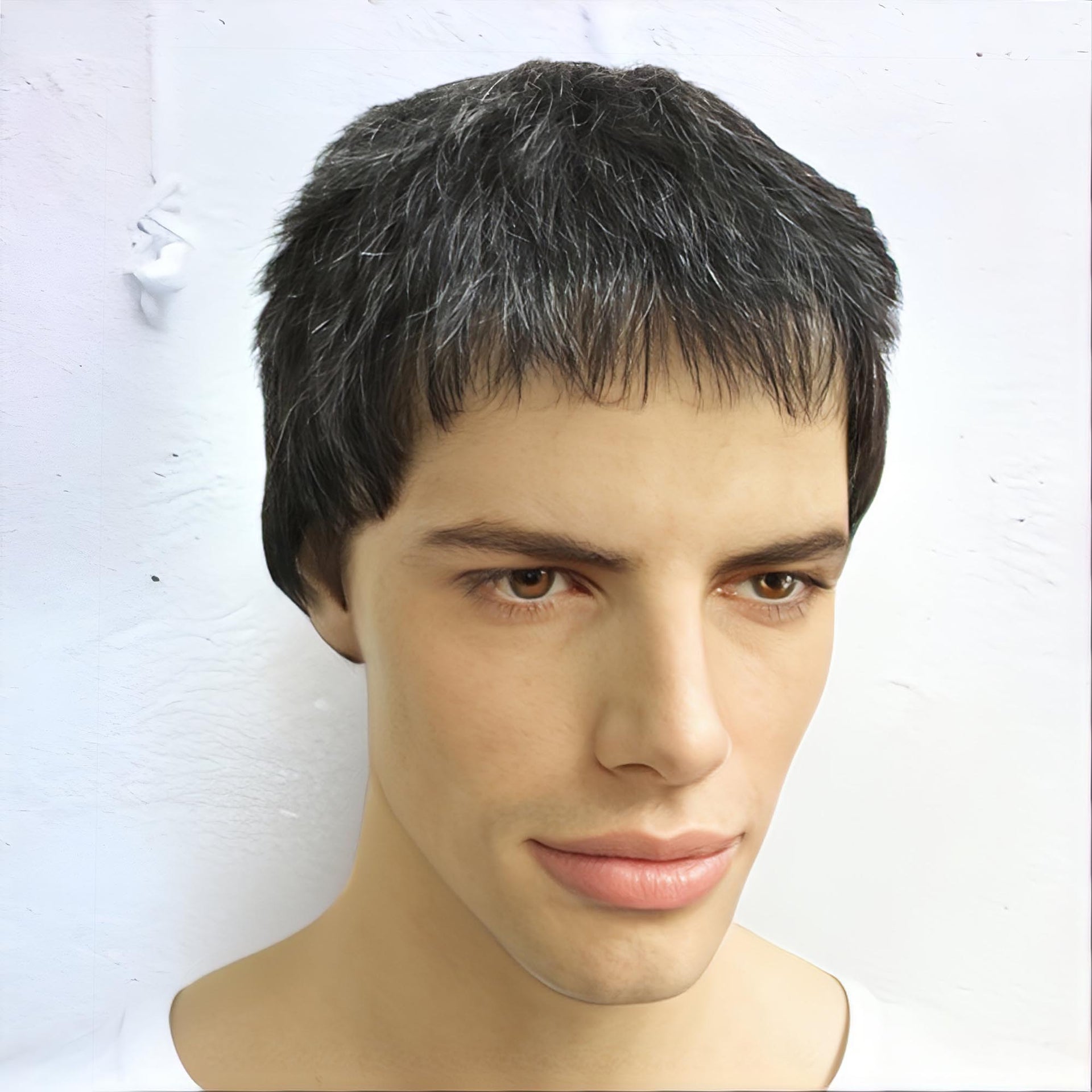 nevermindyrhead Men Natural Black Salt & Pepper 10% Silver White Real Human Hair Very Short Straight Flat Thin Bangs Wig