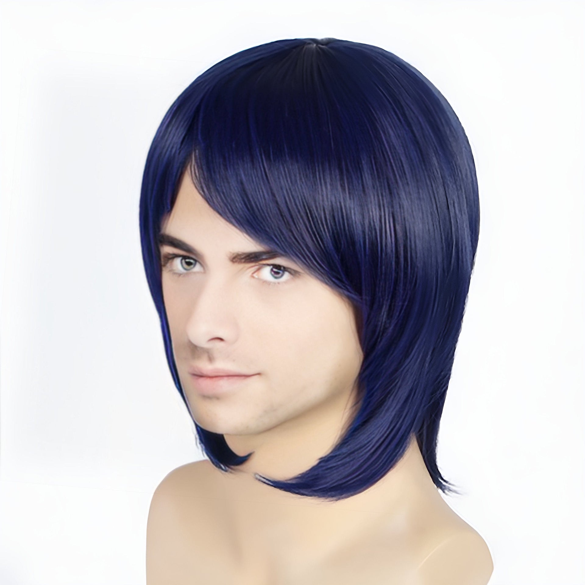 nevermindyrhead Men Navy Dark Blue Medium Length Straight Side Swept Long Bangs Cosplay Wig