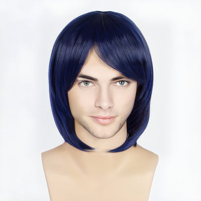 Men Navy Dark Blue Medium Length Straight Side Swept Long Bangs Cosplay Wig