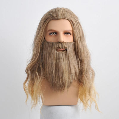 Men Ombre Brown Long Wavy Wig & Beard Set Ideal For Hero Fantasy Cosplay