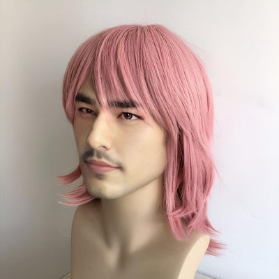Men Pink Cosplay Wig With Bangs Short Straight Hair Layers Choppy Cutting