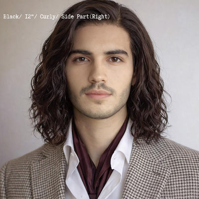 Men Custom Made Human Hair Wig Dark Brown Lace Front Curly Wavy Made-to-Order