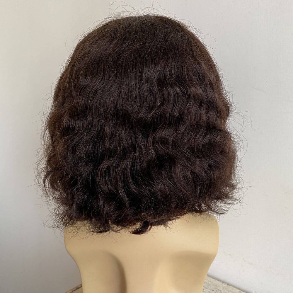 nevermindyrhead Men's Dark Brown Human Hair Wig: Wavy Bob with Curtain Bangs