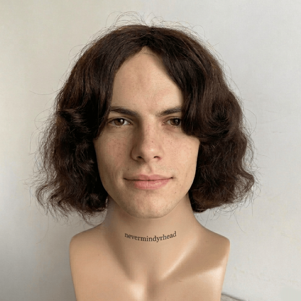 nevermindyrhead Men's Dark Brown Human Hair Wig: Wavy Bob with Curtain Bangs