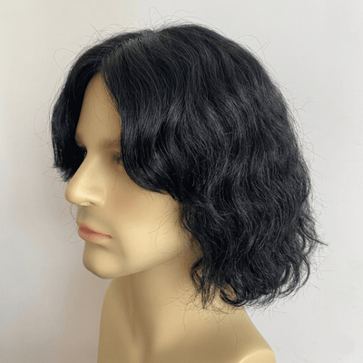 Men's Dark Brown Human Hair Wig: Wavy Bob with Curtain Bangs