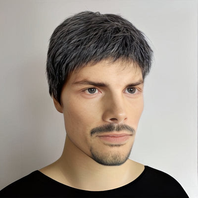 Men Silver Gray Human Hair Wig Salt And Pepper Grey Short Straight Very Short Bangs