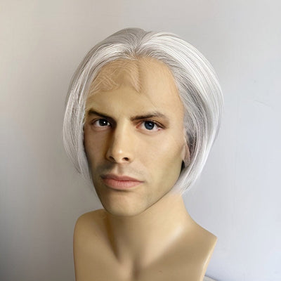 Men Silver Gray Lace Front Wig Long Curtain Bangs Short Straight Hair Classic Side Part Hairline