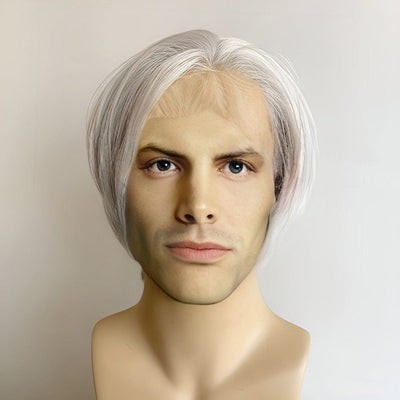 Men Silver Gray Lace Front Wig Long Curtain Bangs Short Straight Hair Classic Side Part Hairline