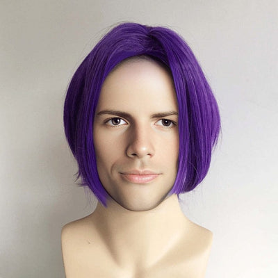 Men Unisex Purple Short Straight Long Curtain Bangs Middle Part Anime Cosplay Wig