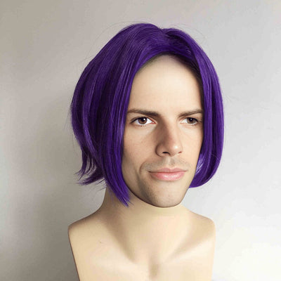 Men Unisex Purple Short Straight Long Curtain Bangs Middle Part Anime Cosplay Wig