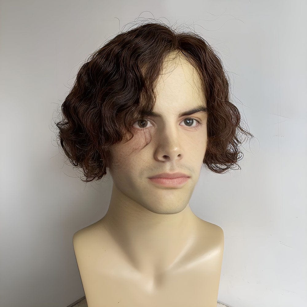 nevermindyrhead Mens Human Hair Wigs Dark Brown Short Bob Curly Male Curtain Bangs Natural Looking
