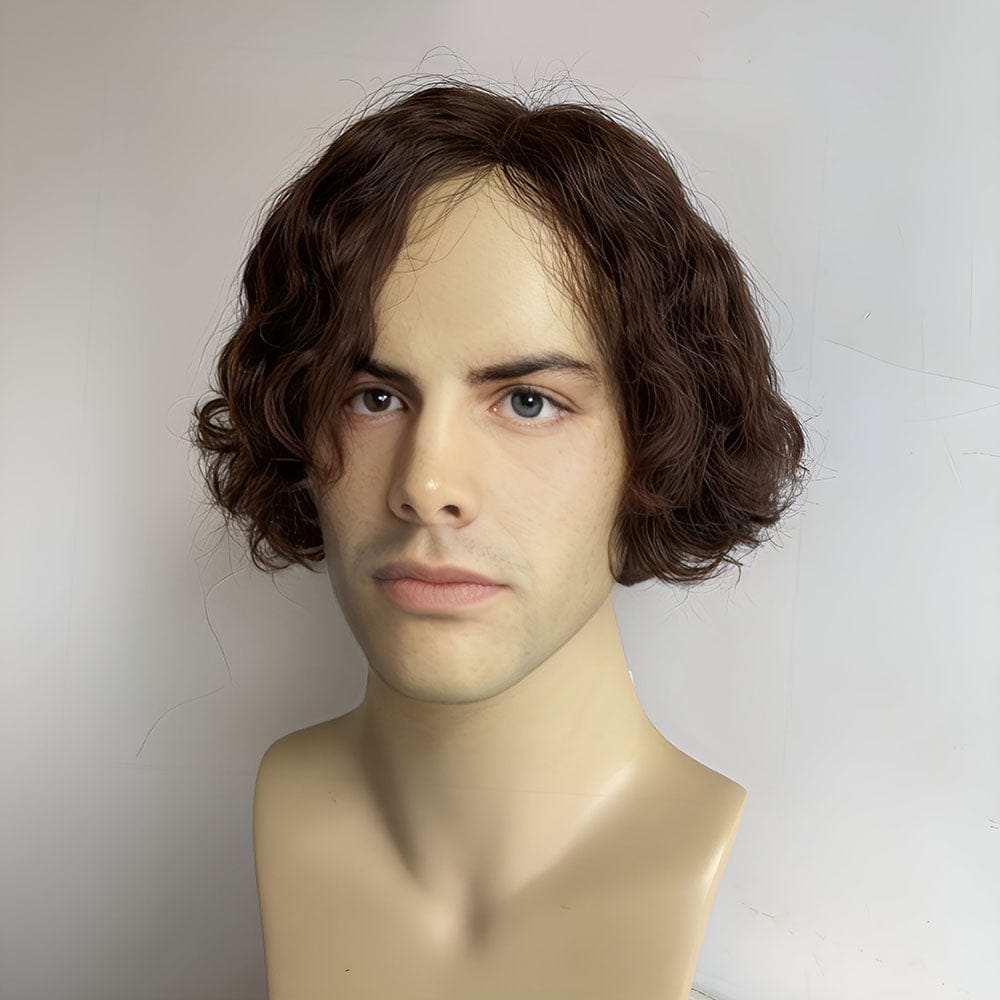 nevermindyrhead Mens Human Hair Wigs Dark Brown Short Bob Curly Male Curtain Bangs Natural Looking