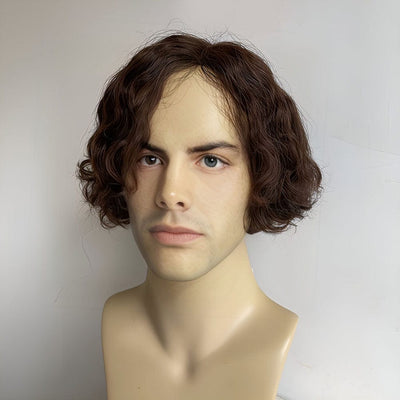 Mens Human Hair Wigs Dark Brown Short Bob Curly Male Curtain Bangs Natural Looking