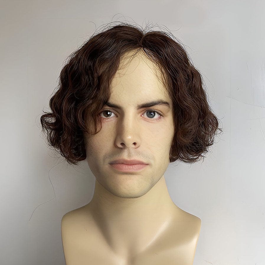 nevermindyrhead Mens Human Hair Wigs Dark Brown Short Bob Curly Male Curtain Bangs Natural Looking Dark Brown