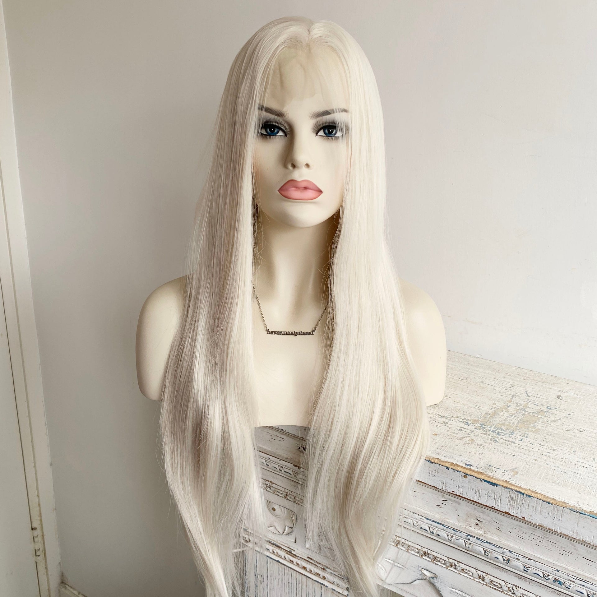 nevermindyrhead Platinum Blonde Lace Front Wig For Women Widows Peak Hairline Long Straight
