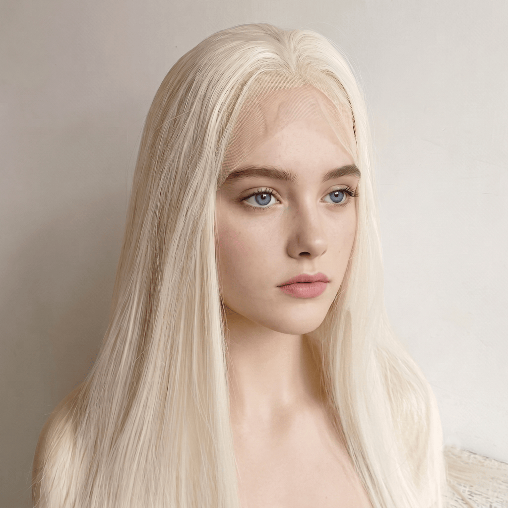 nevermindyrhead Platinum Blonde Lace Front Wig For Women Widows Peak Hairline Long Straight