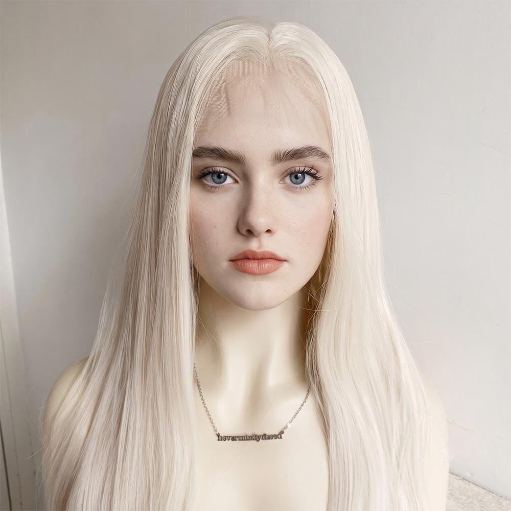 nevermindyrhead Platinum Blonde Lace Front Wig For Women Widows Peak Hairline Long Straight