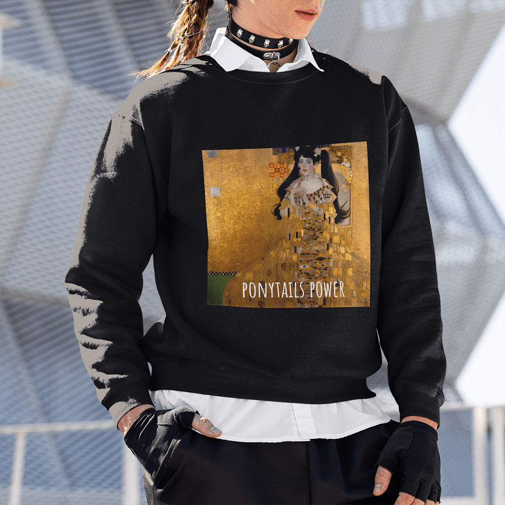 nevermindyrhead Portrait of Adele Bloch-Bauer Unisex Crewneck Sweatshirt, Gustav Klimt Painting Derivative with Ponytails, Famous Portrait Artwork Print Pullover