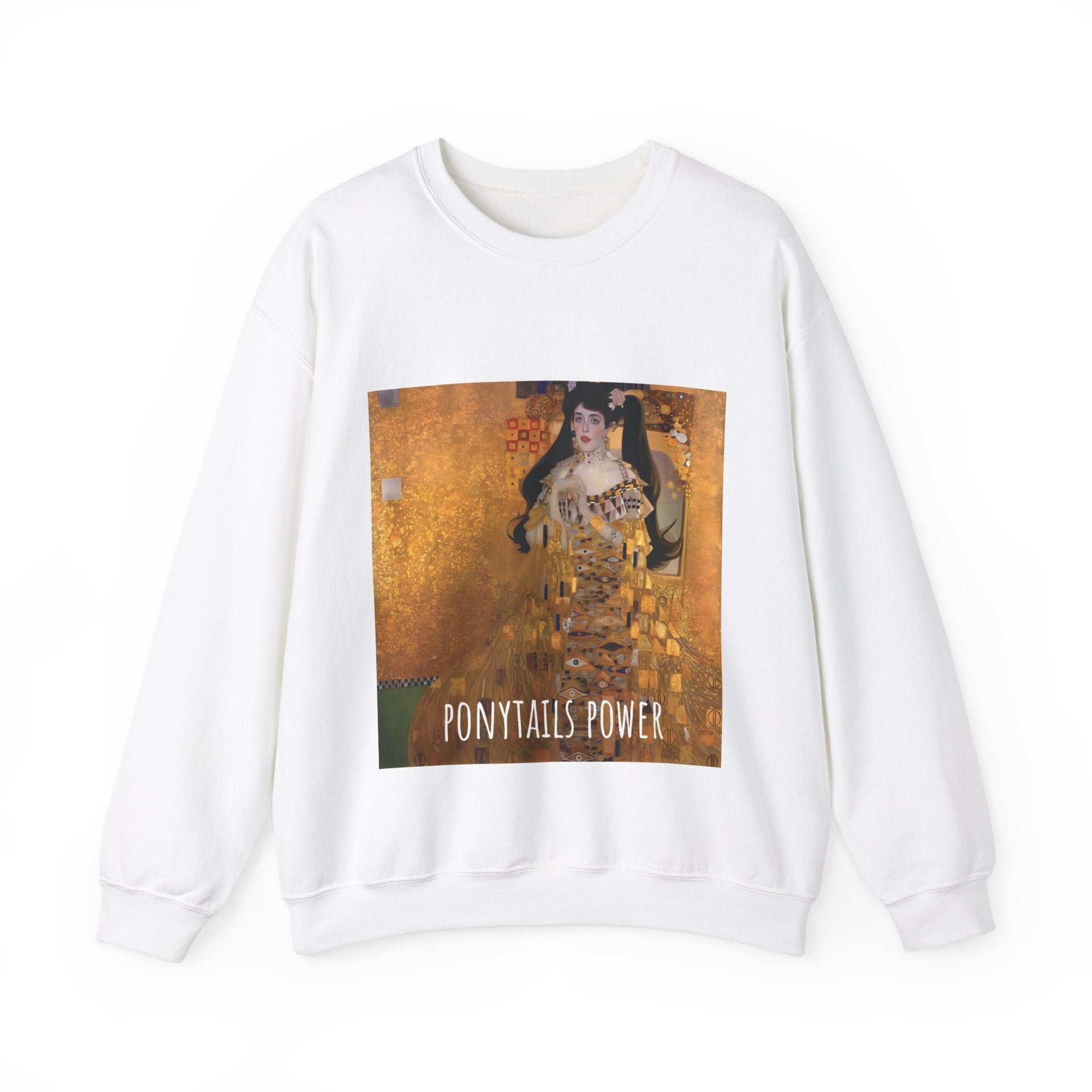 nevermindyrhead Portrait of Adele Bloch-Bauer Unisex Crewneck Sweatshirt, Gustav Klimt Painting Derivative with Ponytails, Famous Portrait Artwork Print Pullover S / White